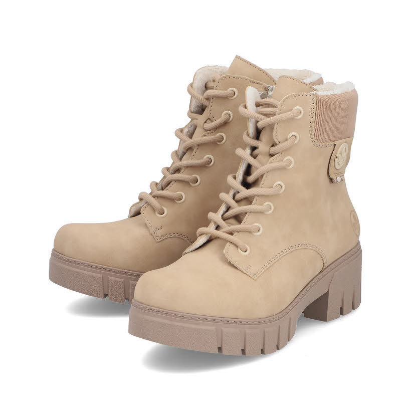 Rieker Biker Boots Damen Stiefeletten Schnürstiefel Kurzstiefel beige