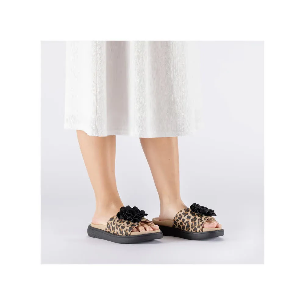 Rieker FSK Damen Sandalen Pantoletten leoprint beige/schwarz
