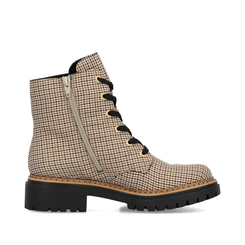 Rieker Biker Boots Damen Kurzstiefel Schnürstiefel beige-schwarz-beige