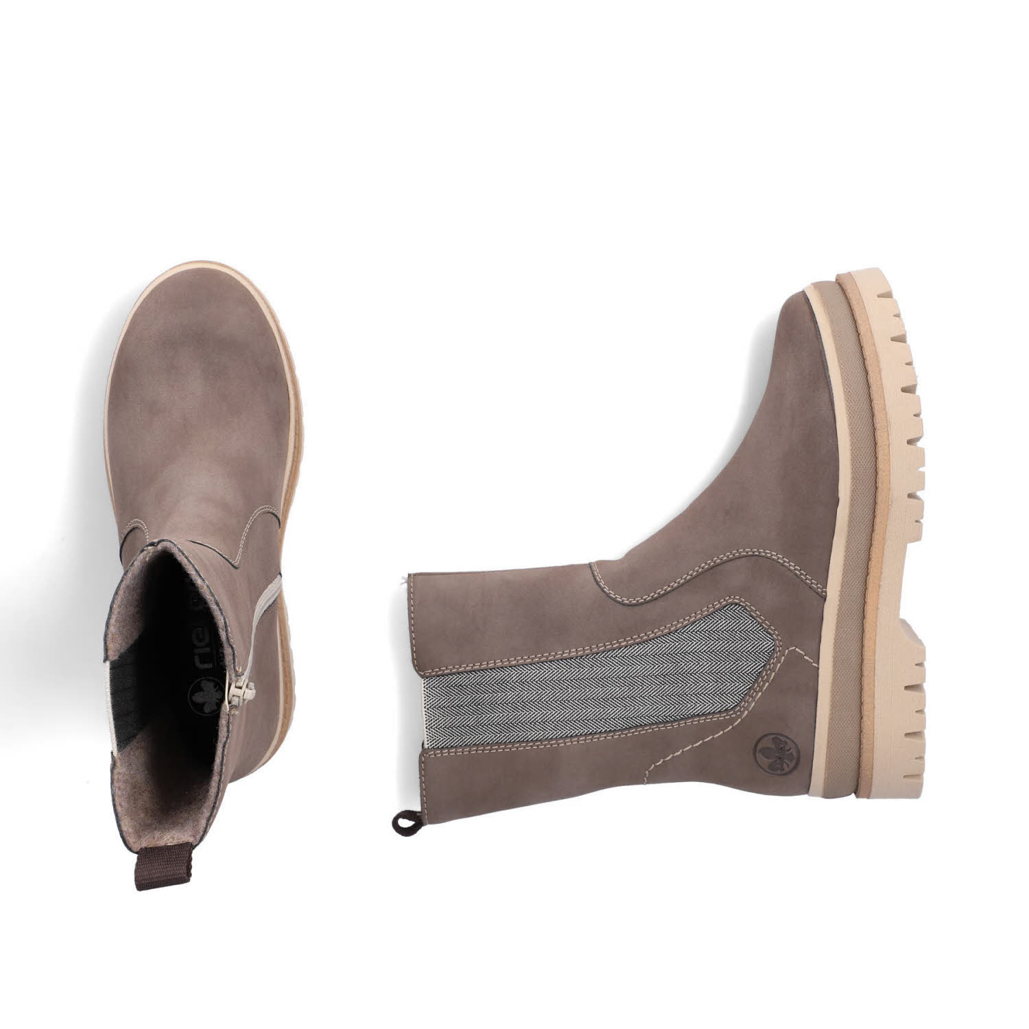 Rieker Chelsea Boots Damen Stiefelette Slipper Kurzstiefel Freizeitstiefel gefüttert mushroom/leinen