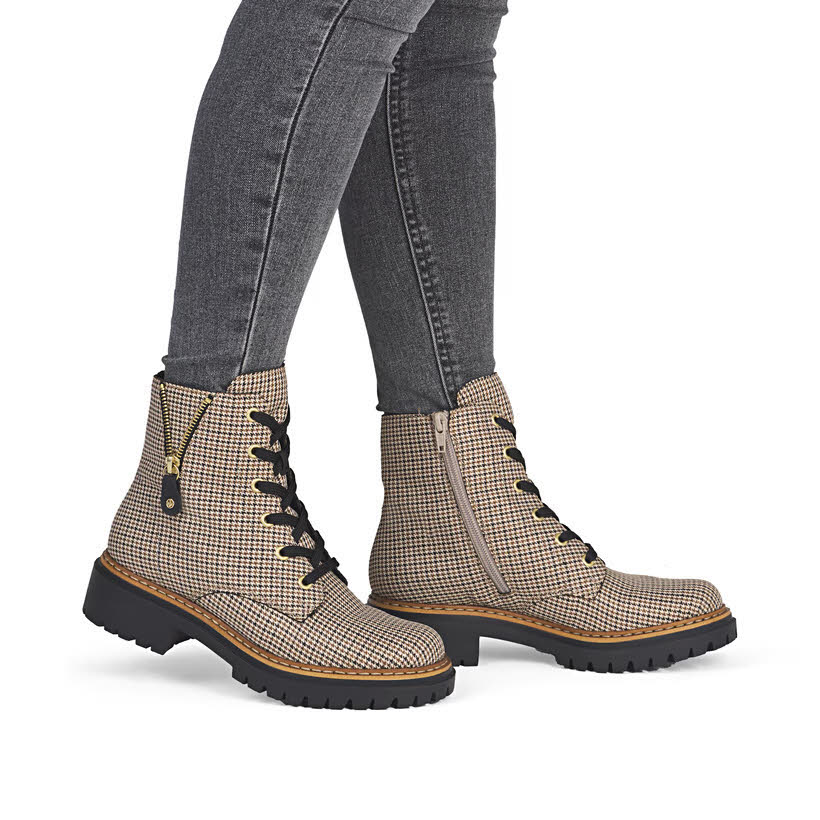 Rieker Biker Boots Damen Kurzstiefel Schnürstiefel beige-schwarz-beige