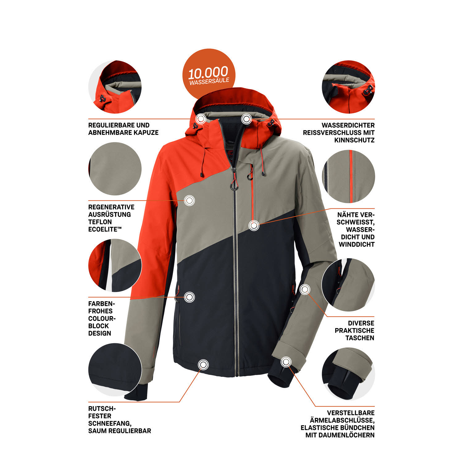 Killtec KSW 89 MN SKI JCKT Herren Skijacke Winterjacke Snowboardjacke orange/grau/schwarz