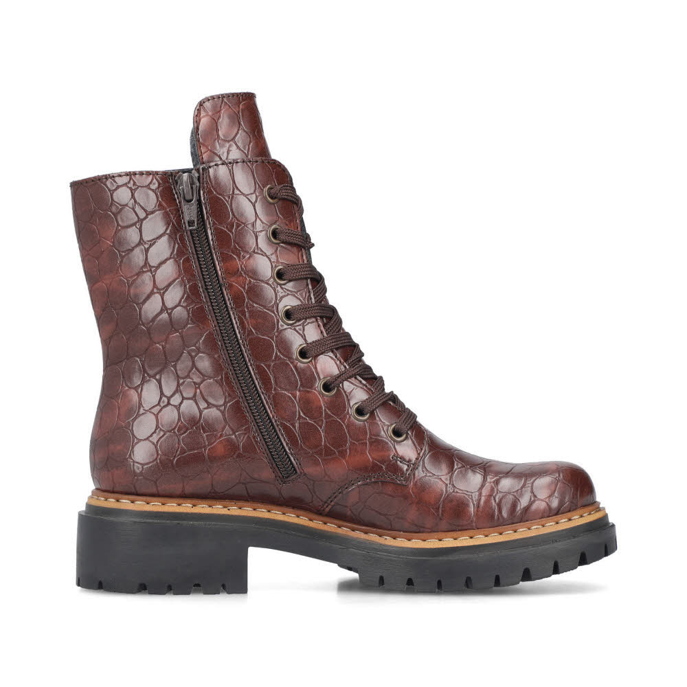 Rieker Biker Boots Damen Stiefelette Schnürstiefel Kurzstiefel gefüttert braun