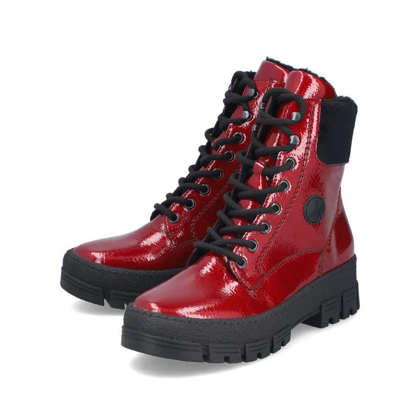 Rieker Biker Boots Damen Schnürstiefel Kurzstiefel gefüttert rot