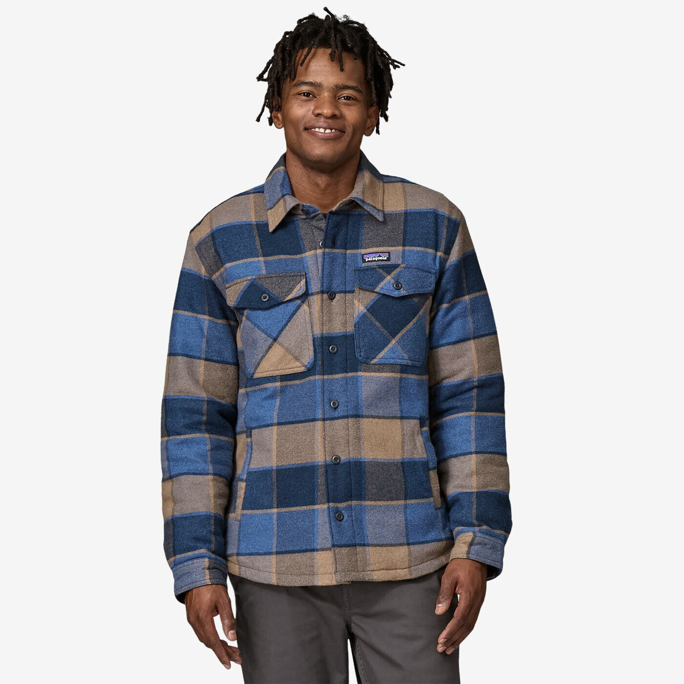 Patagonia Men's Lightweight Insulated Fjord Flannel Shirt Hemd Herren blau beige