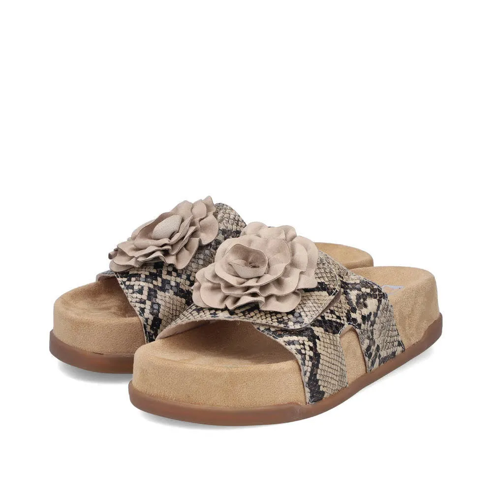 Rieker FSK Damen Pantoletten Sandaletten schlangenprint beige
