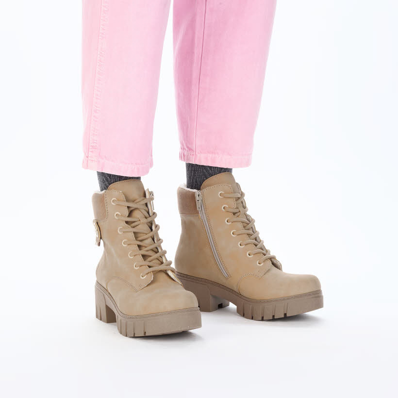 Rieker Biker Boots Damen Stiefeletten Schnürstiefel Kurzstiefel beige