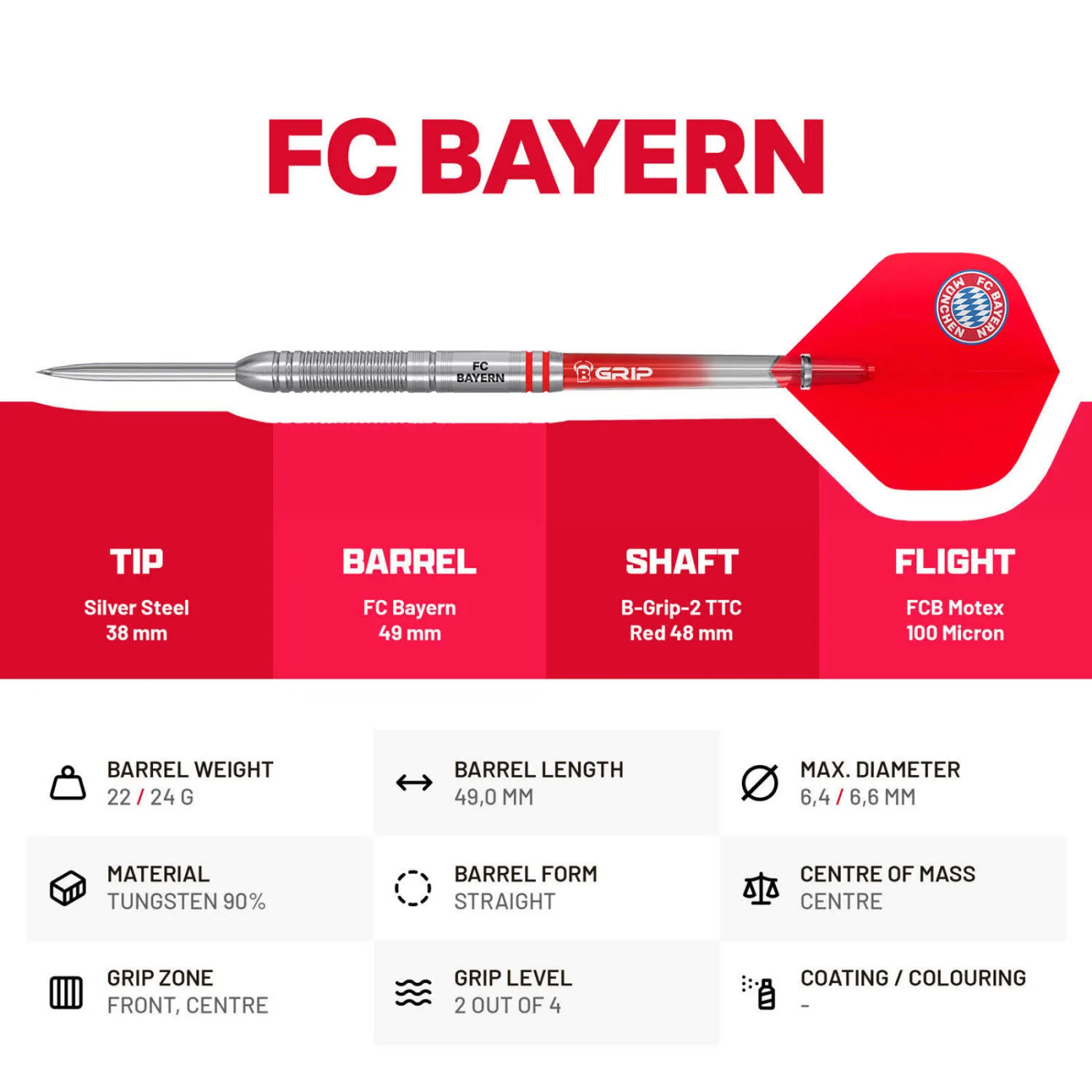 BULL'S FC Bayern München Steel Dart Dartpfeile 24 Gr. rot/silber