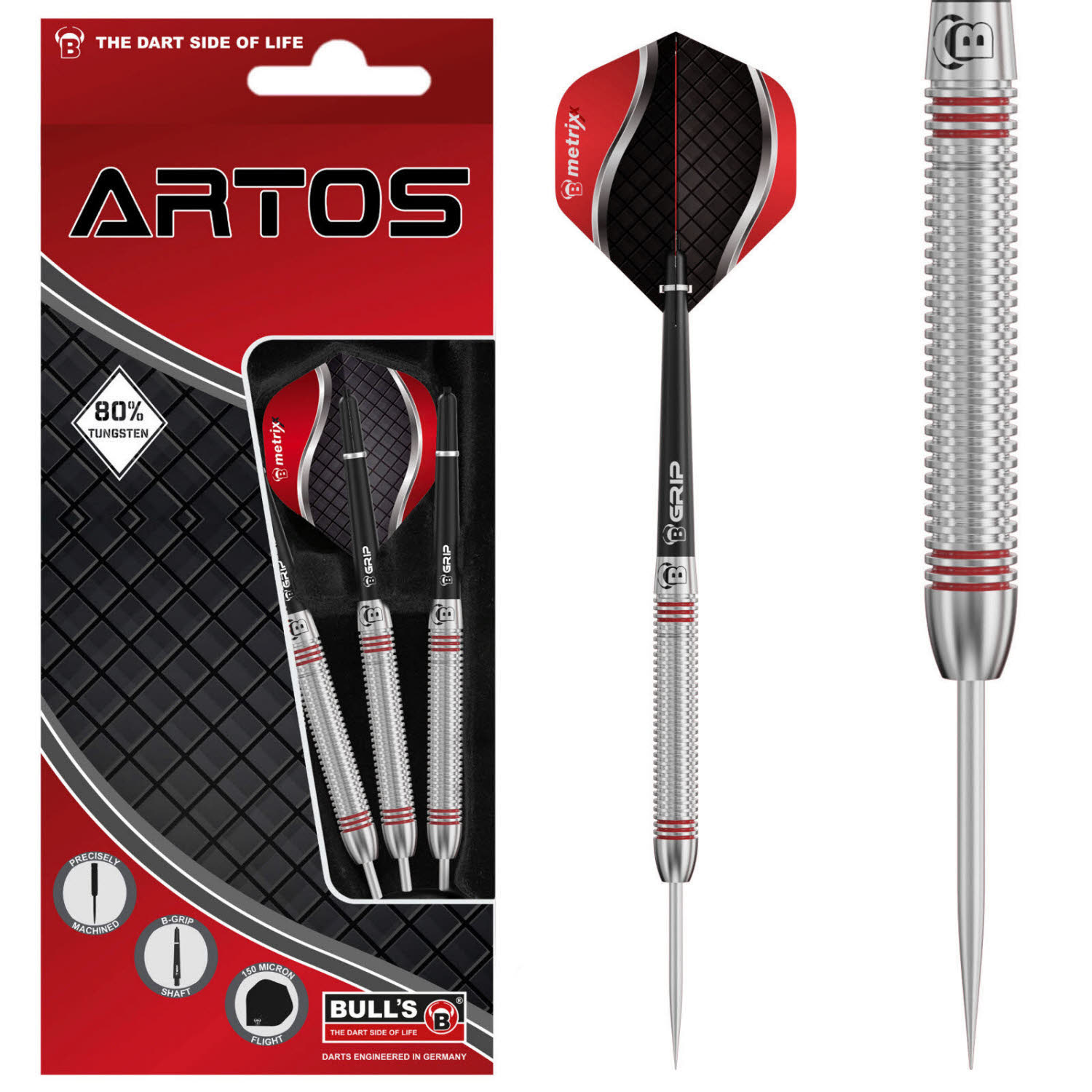 BULL'S Artos AR3 Steeldart Red 80% Tungsten Dartpfeile 24g schwarz/rot