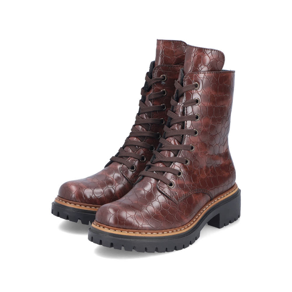 Rieker Biker Boots Damen Stiefelette Schnürstiefel Kurzstiefel gefüttert braun