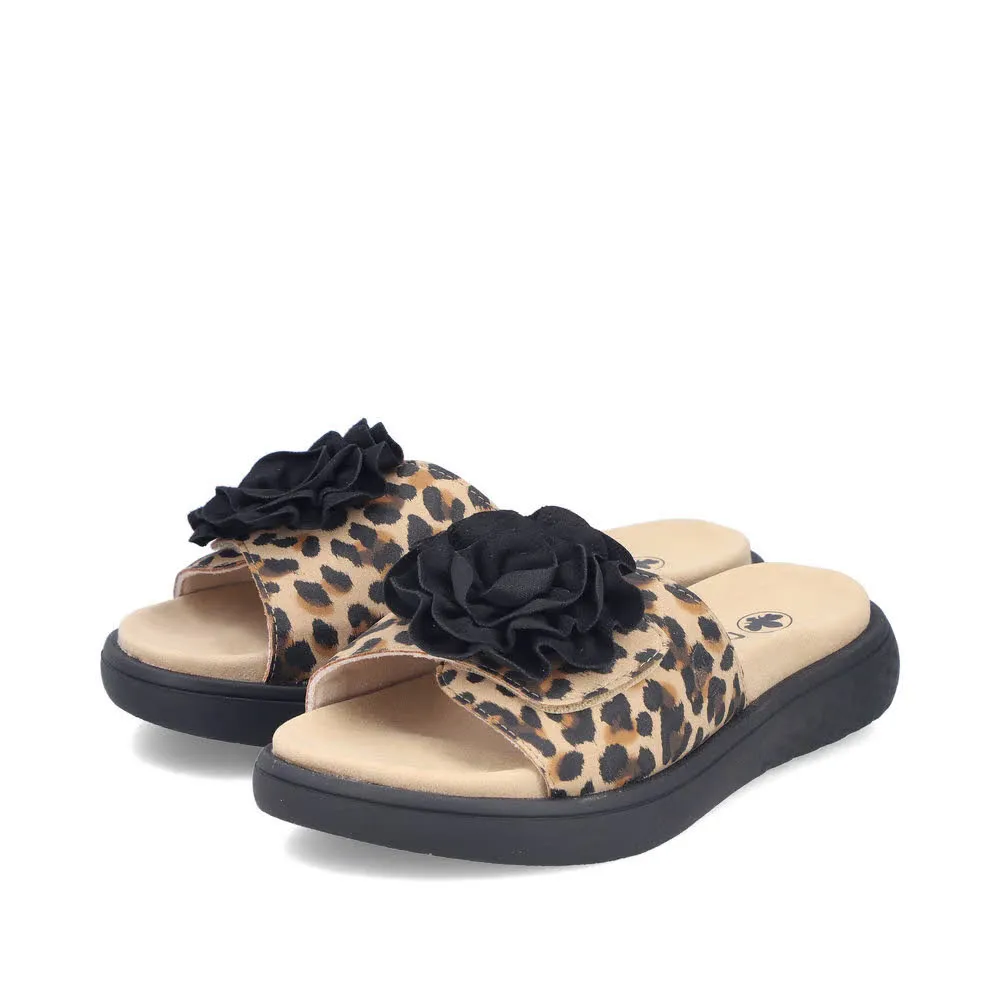Rieker FSK Damen Sandalen Pantoletten leoprint beige/schwarz