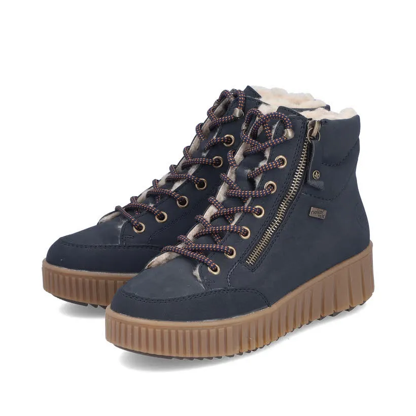 Rieker Damen Schnürstiefel Sneaker gefüttert blau