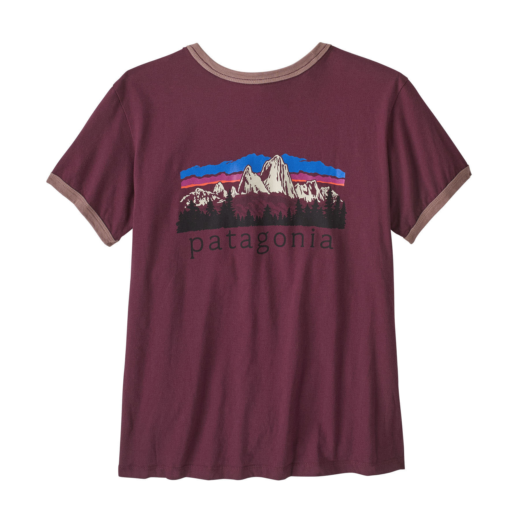 Patagonia Women's Fitz Roy Foothills Ringer TeeDiver BlueModel ist 1,75 m groß und trägt Größe Small.Women's Fitz Roy Foothills Ringer Tee Damen T-Shirt berry fig