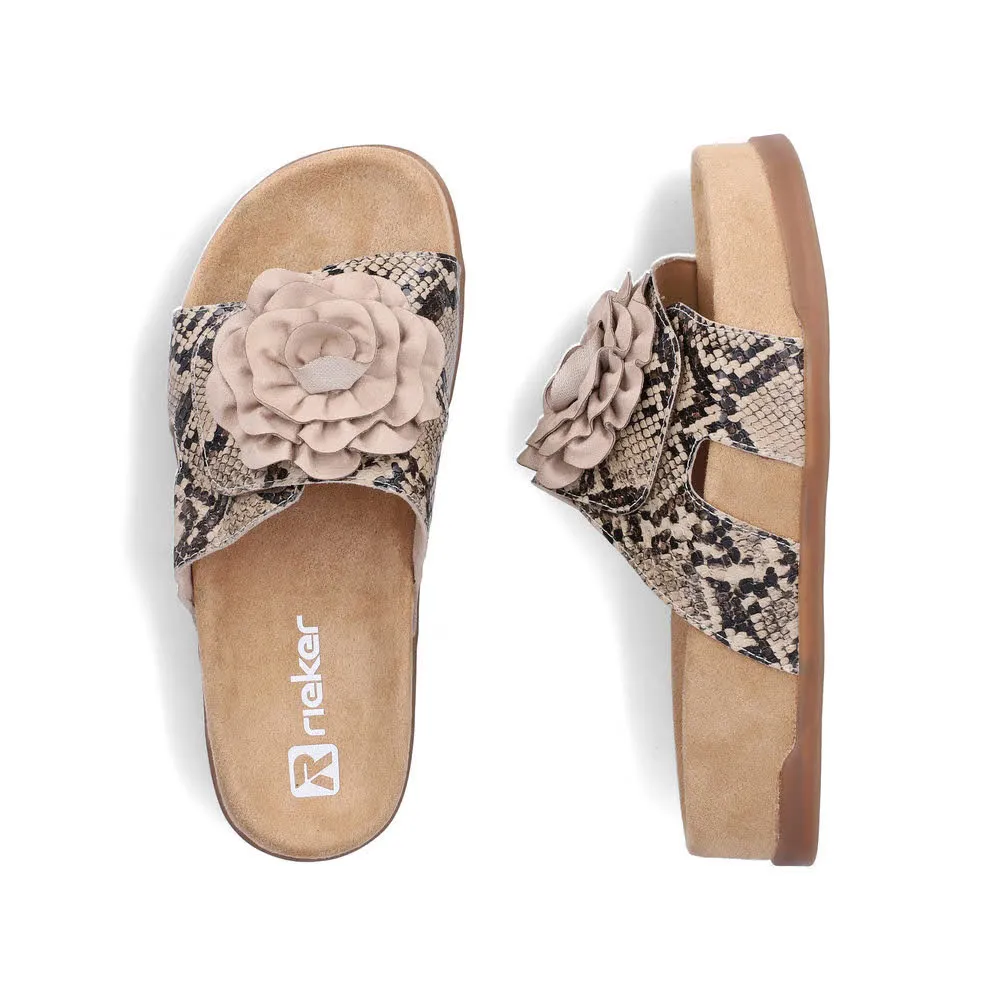 Rieker FSK Damen Pantoletten Sandaletten schlangenprint beige