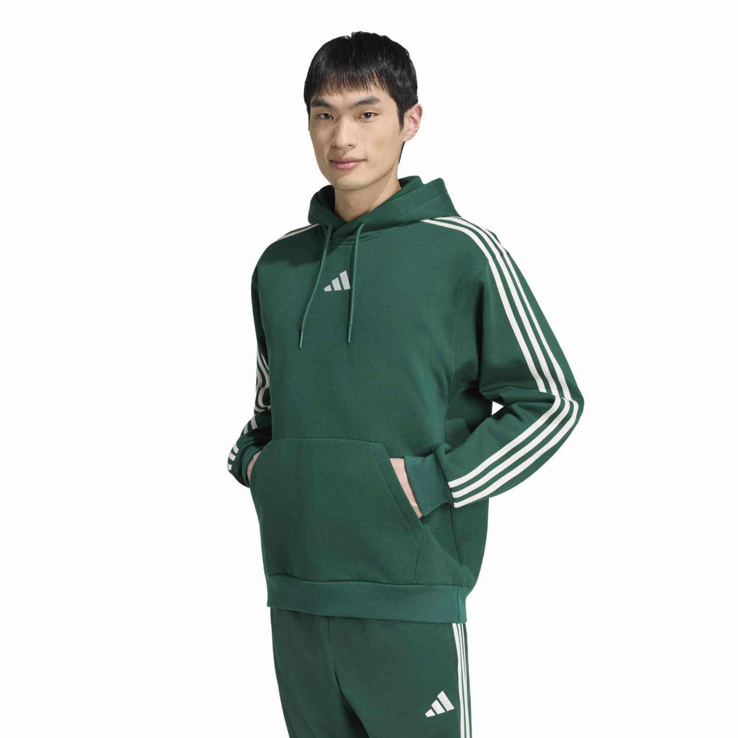 adidas Essentials 3-Stripes Fleece Herren Hoodie Kapuzenpullover grün