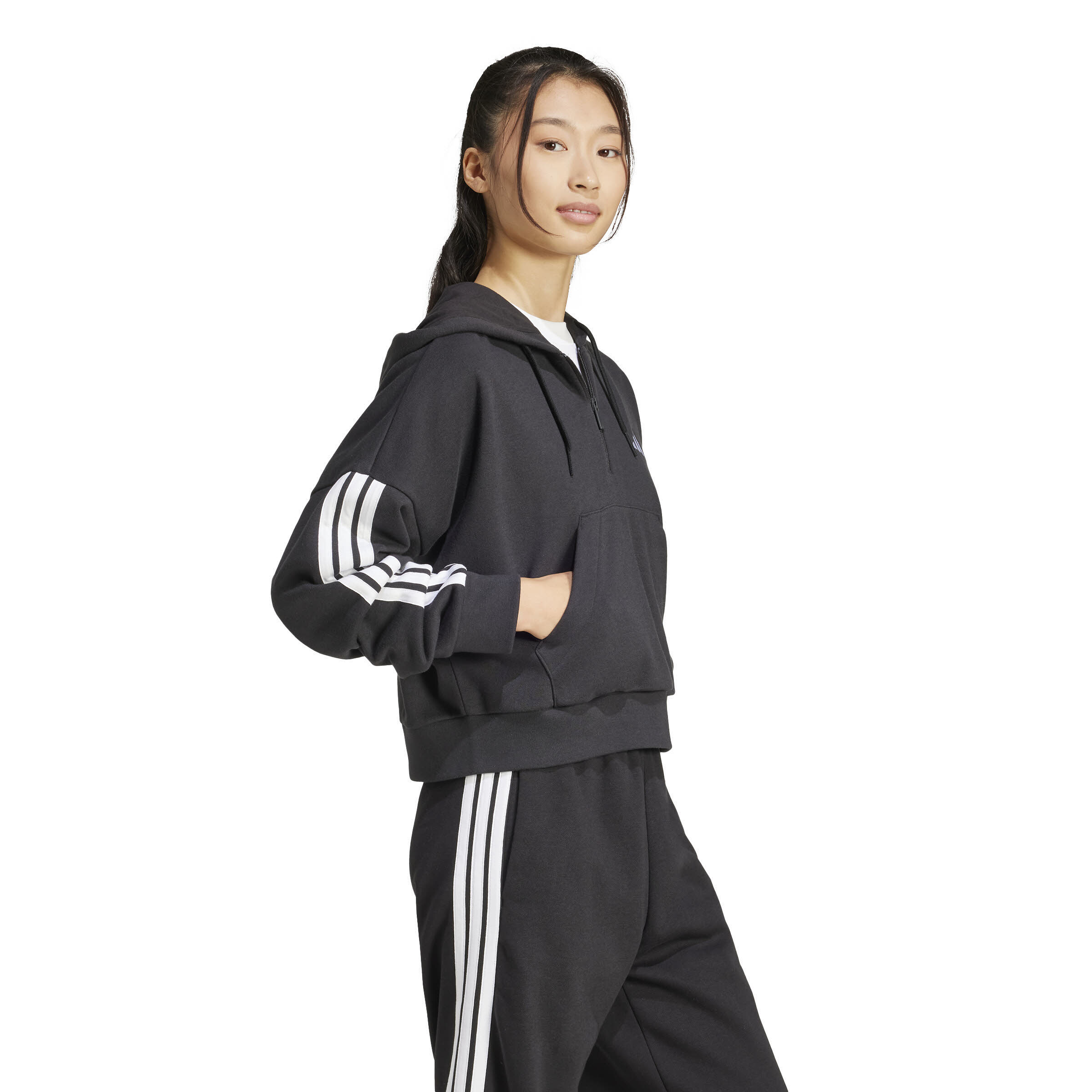 Essentials 3-Stripes French Terry Quarter-Zip Hoodie Damen schwarz