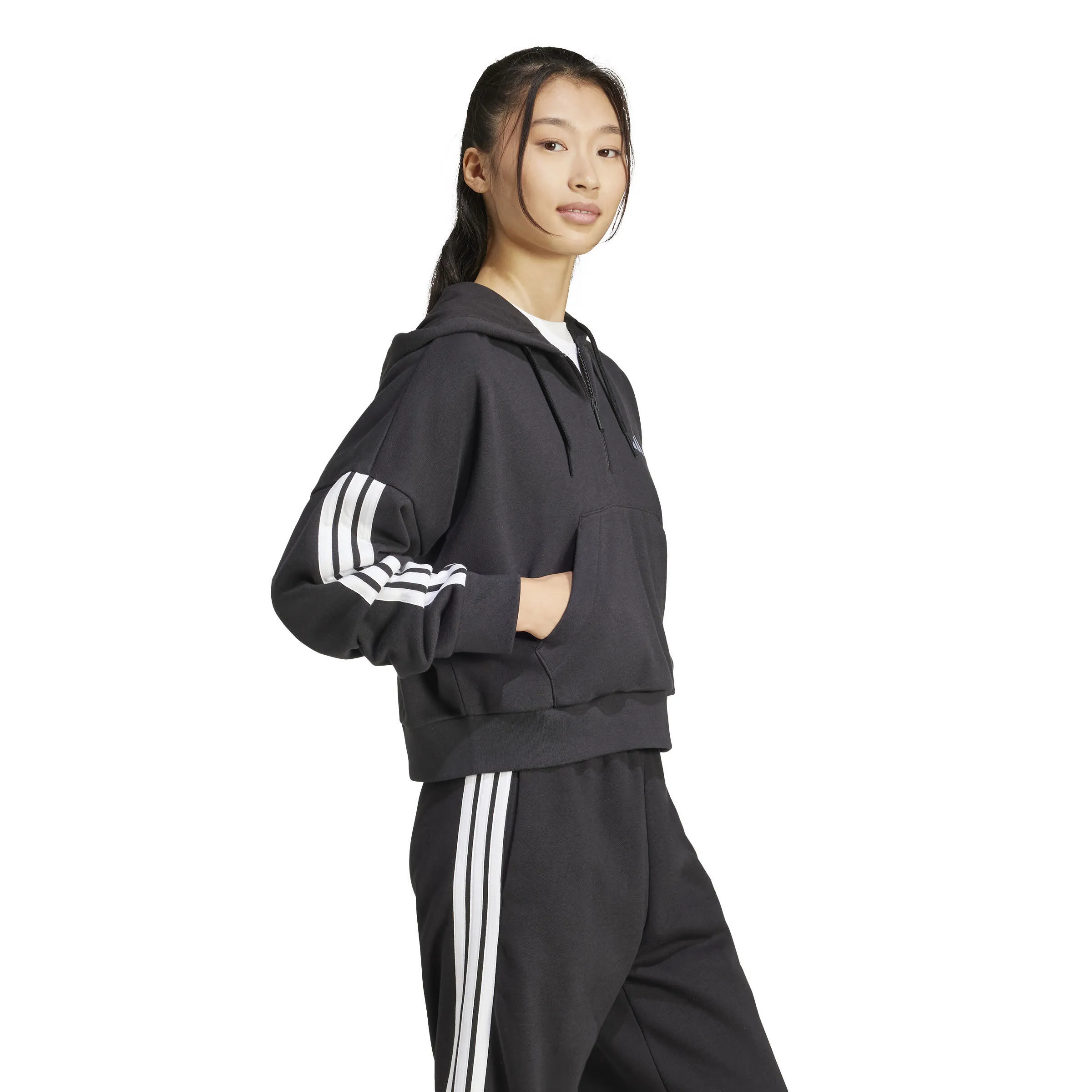Essentials 3-Stripes French Terry Quarter-Zip Hoodie Damen schwarz