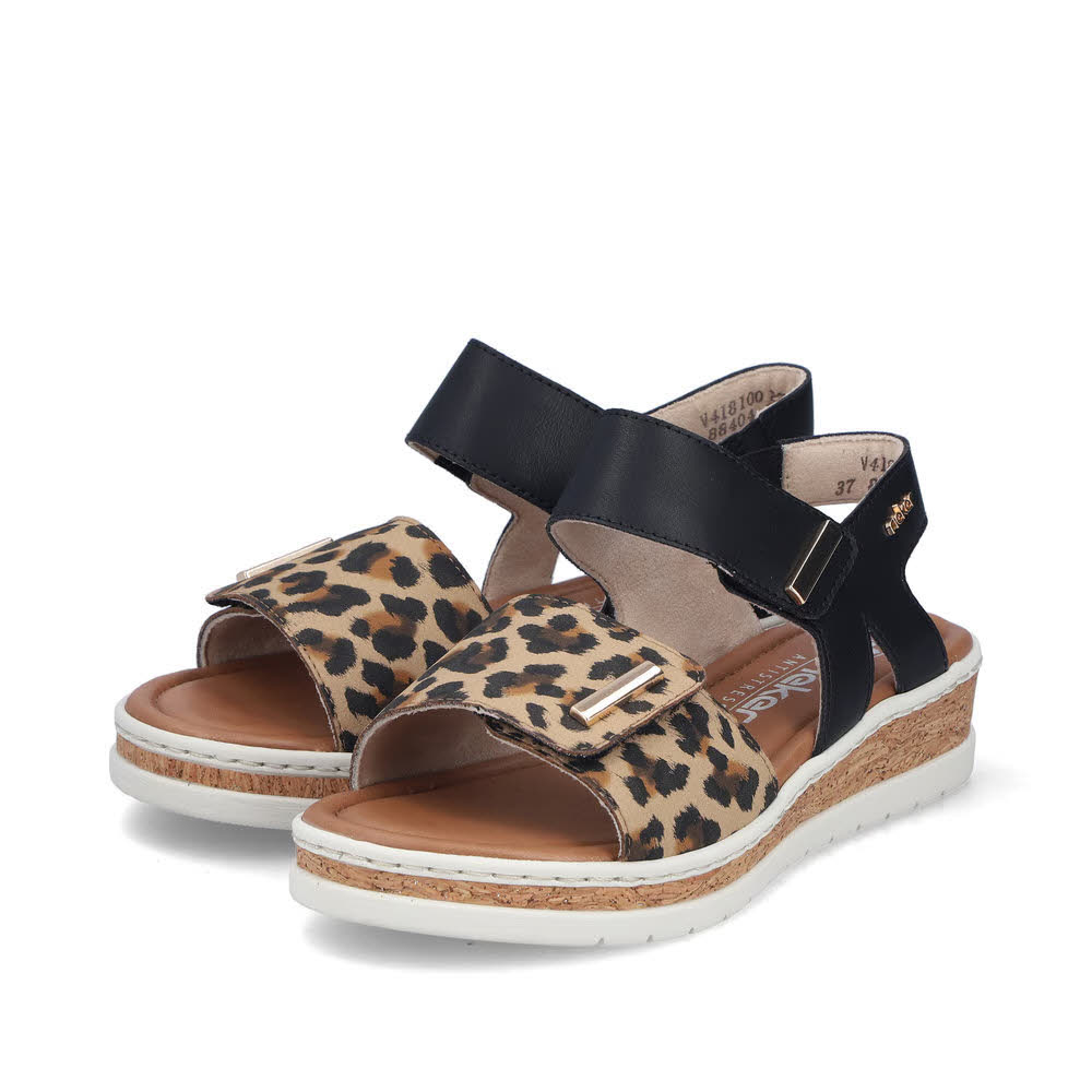 Rieker FSK Damen Riemchensandalen Sandaletten leoprint beige/schwarz