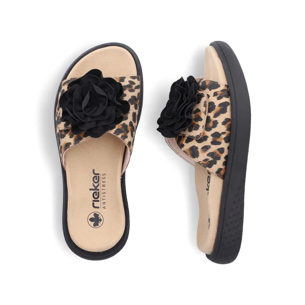 Rieker FSK Damen Sandalen Pantoletten leoprint beige/schwarz