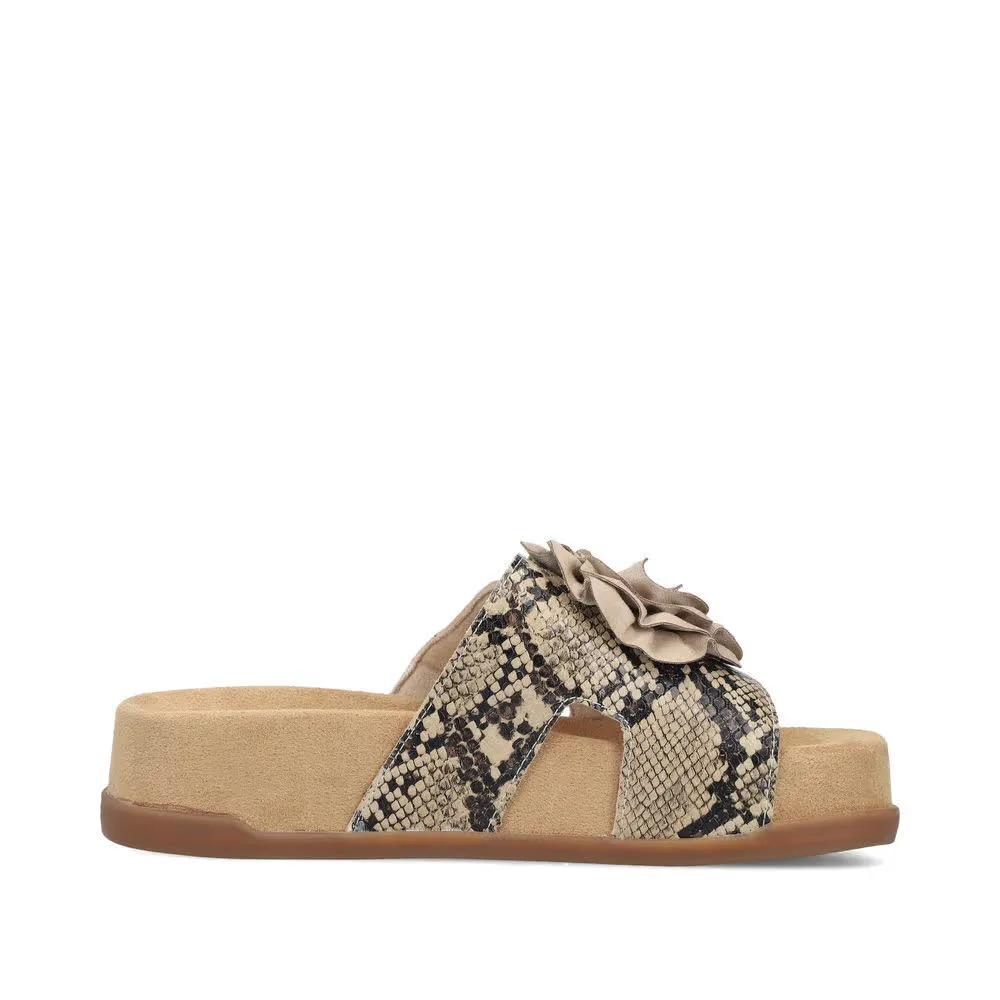 Rieker FSK Damen Pantoletten Sandaletten schlangenprint beige