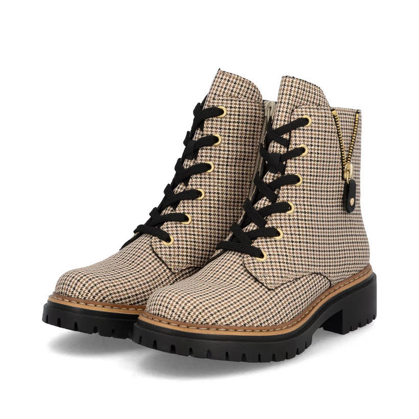 Rieker Biker Boots Damen Kurzstiefel Schnürstiefel beige-schwarz-beige