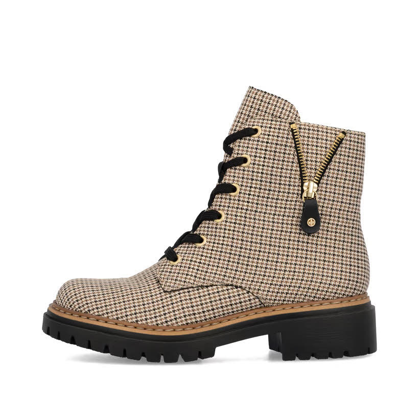 Rieker Biker Boots Damen Kurzstiefel Schnürstiefel beige-schwarz-beige