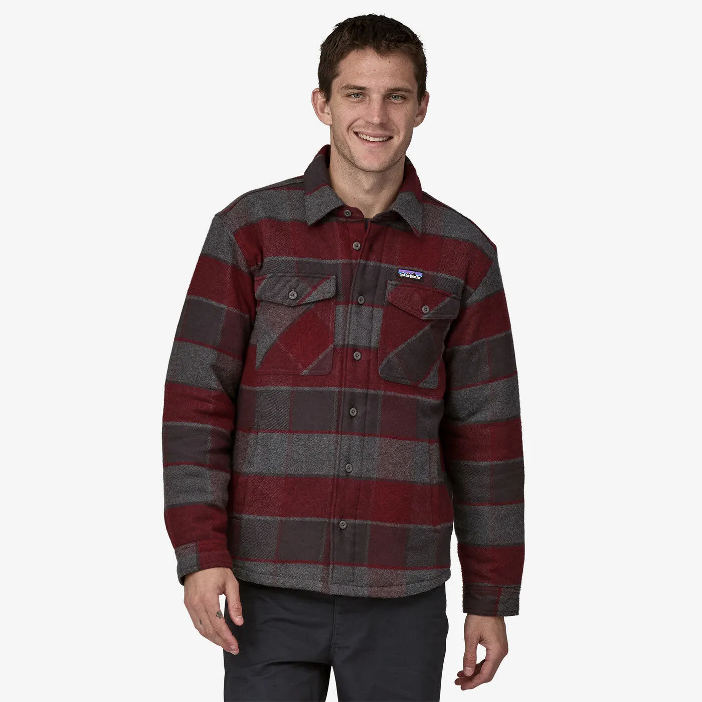 Patagonia Men's Lightweight Insulated Fjord Flannel Shirt Hemd Herren rot grau