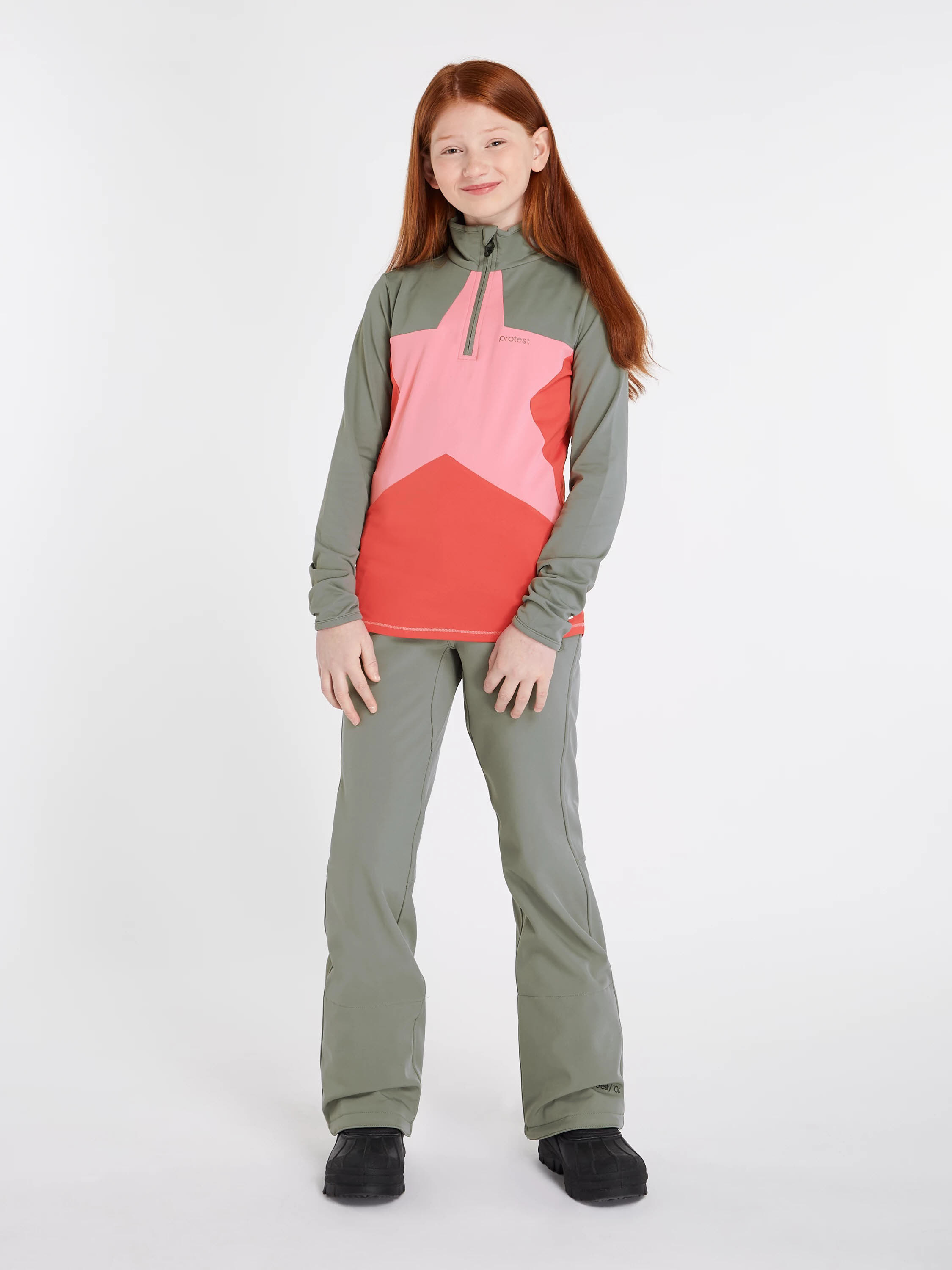 Protest PRTBRIDGETI JR 1/4 zip top Mädchen Skirolli Longsleeve Midlayer grün NEU