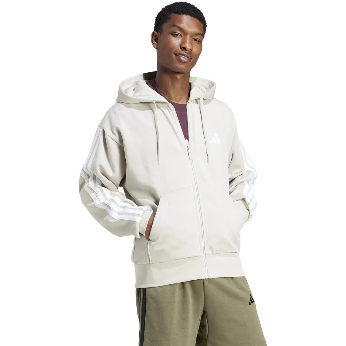 adidas M 3S FL FZ HD Herren Kapuzenjacke beige