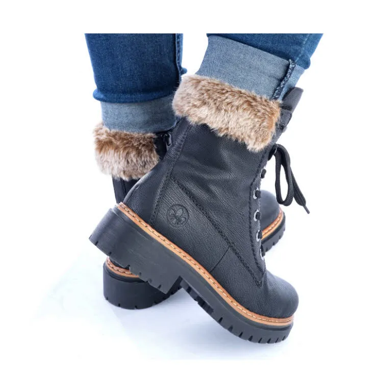 Rieker Kurillen Damen Schnürstiefel Lederstiefel schwarz