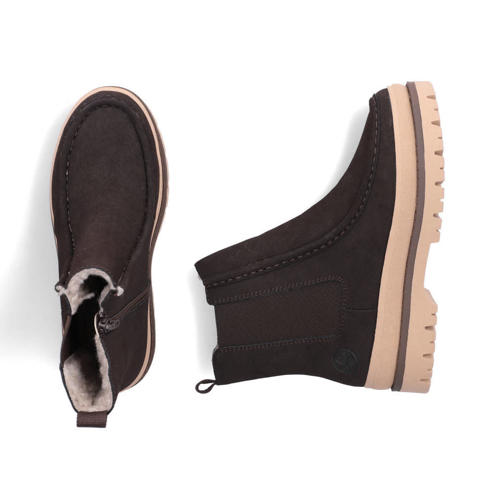 Rieker Chelsea Boots Damen Stiefelette Kurzstiefel Slipper gefüttert nougat/leinen