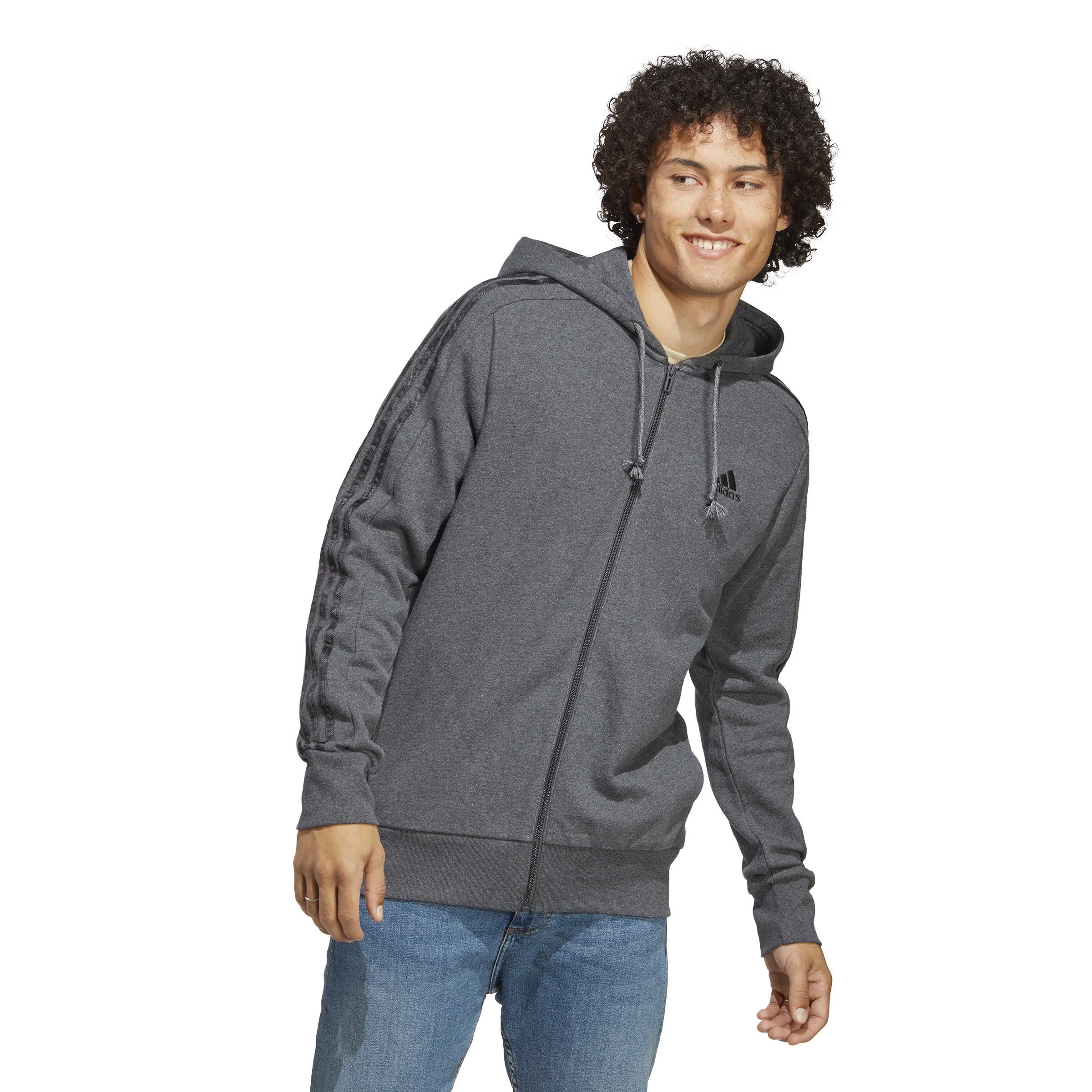 adidas M 3S FT FZ HD Herren Kapuzenjacke Trainingsweste grau NEU