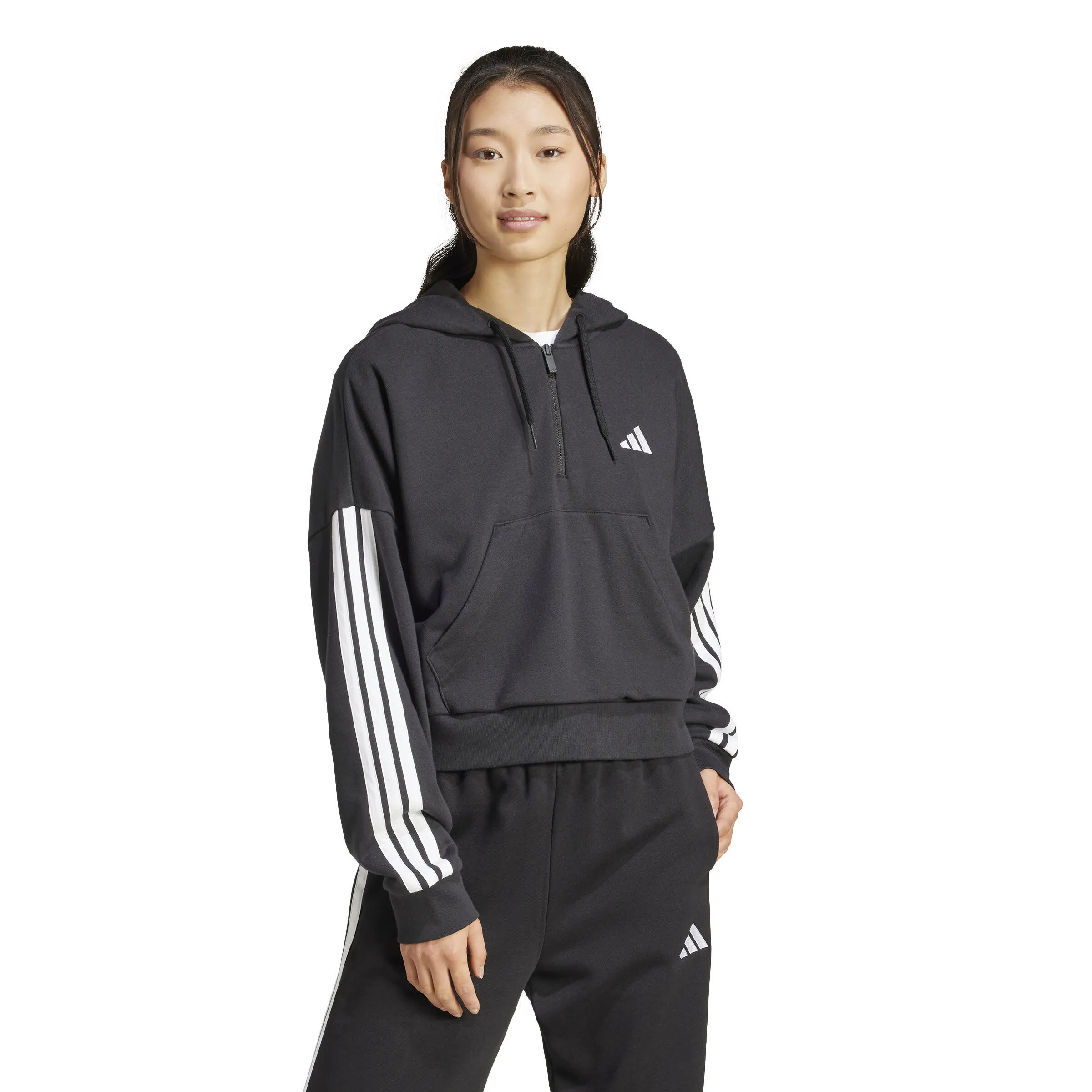 Essentials 3-Stripes French Terry Quarter-Zip Hoodie Damen schwarz