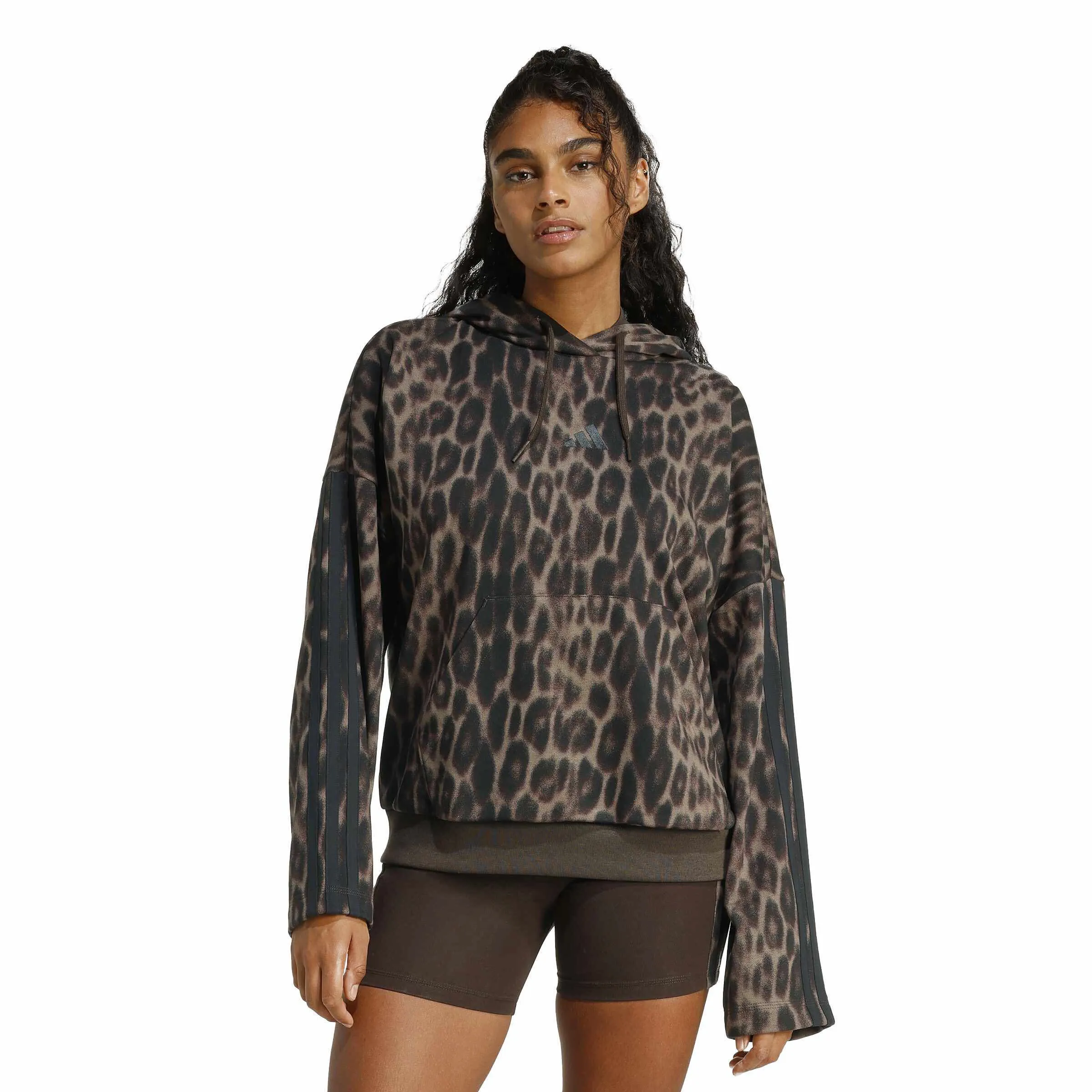 Adidas Seasonal Essentials Leopard Hoodie French Terry 3-Streifen Damen braun