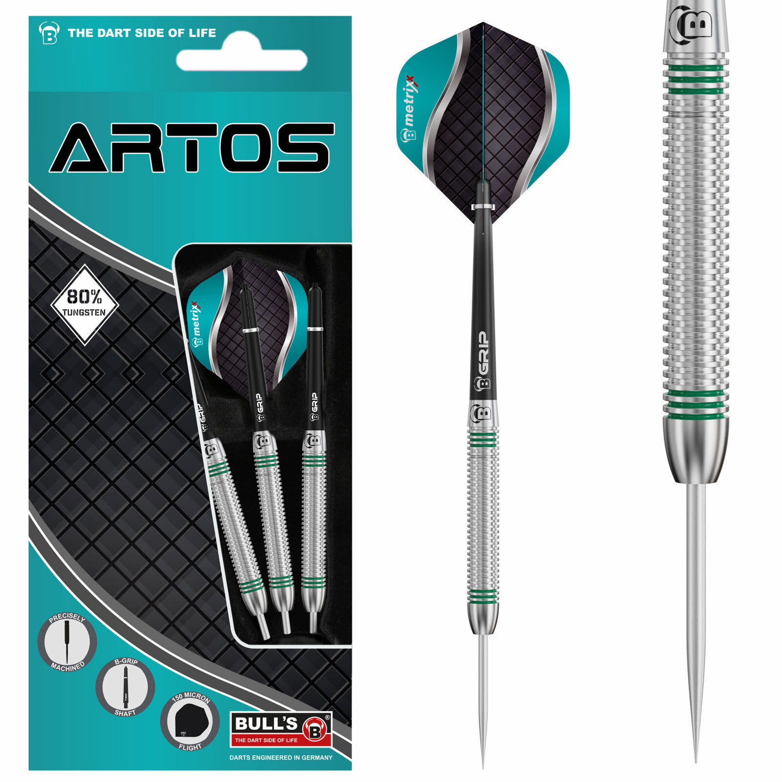 BULL'S Artos AR1 Steeldart, Mint 80% Tungsten Darts 22Gr. Darts-Pfeile schwarz türkis
