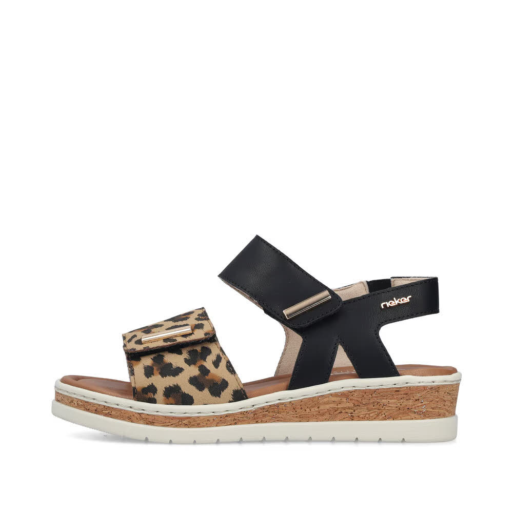 Rieker FSK Damen Riemchensandalen Sandaletten leoprint beige/schwarz