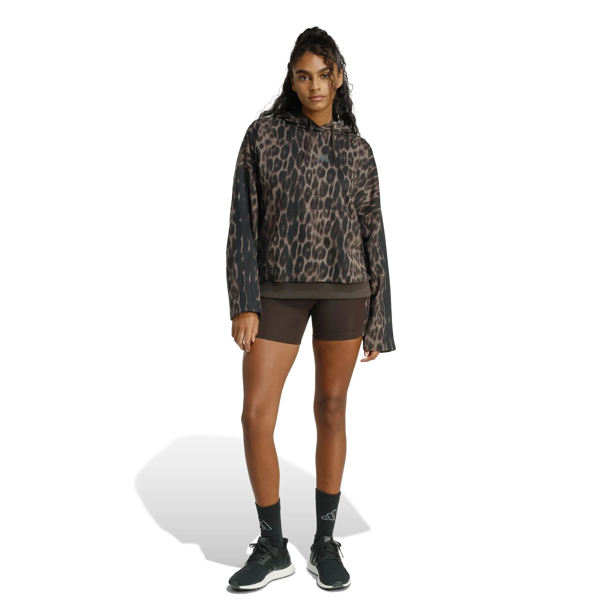 Adidas Seasonal Essentials Leopard Hoodie French Terry 3-Streifen Damen braun