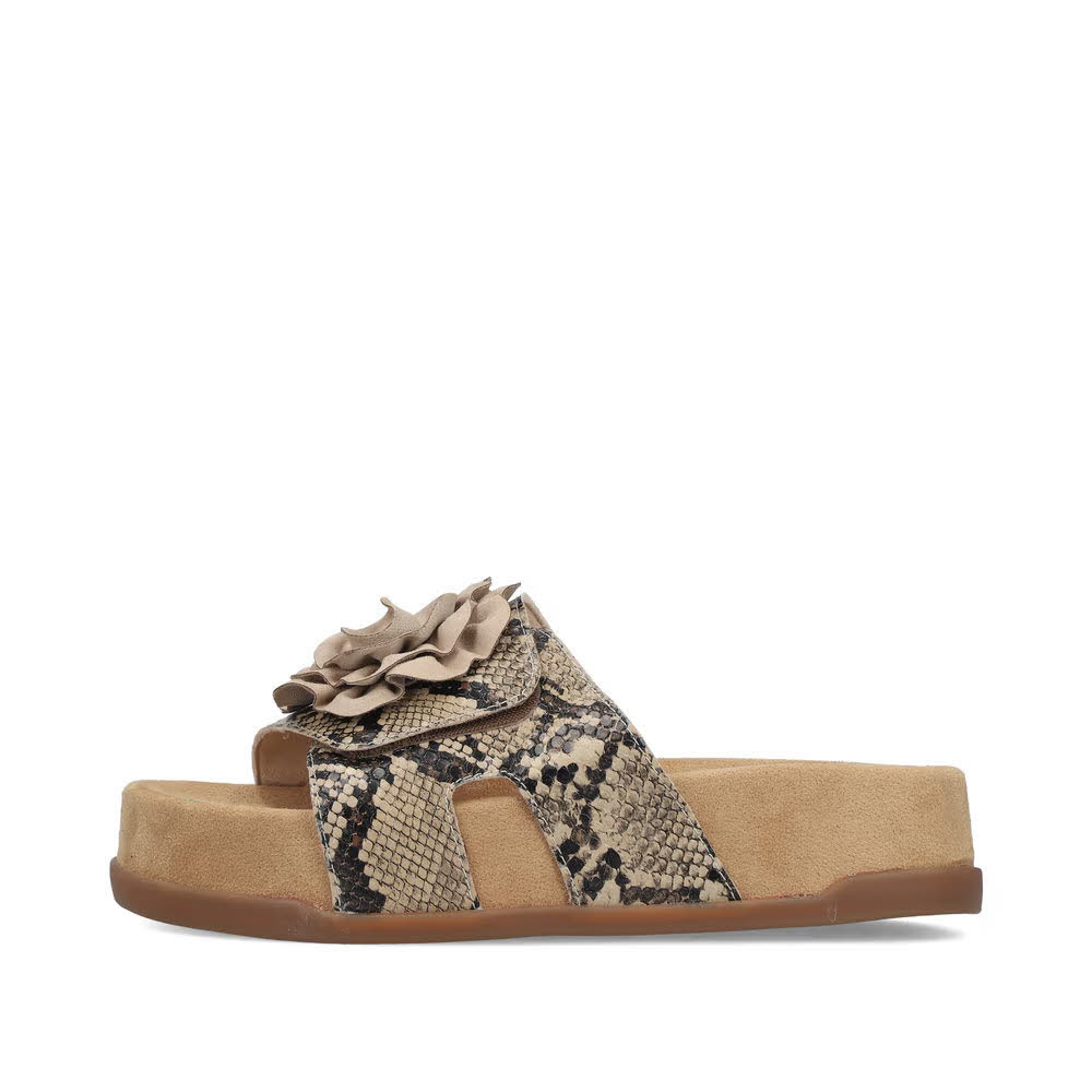 Rieker FSK Damen Pantoletten Sandaletten schlangenprint beige