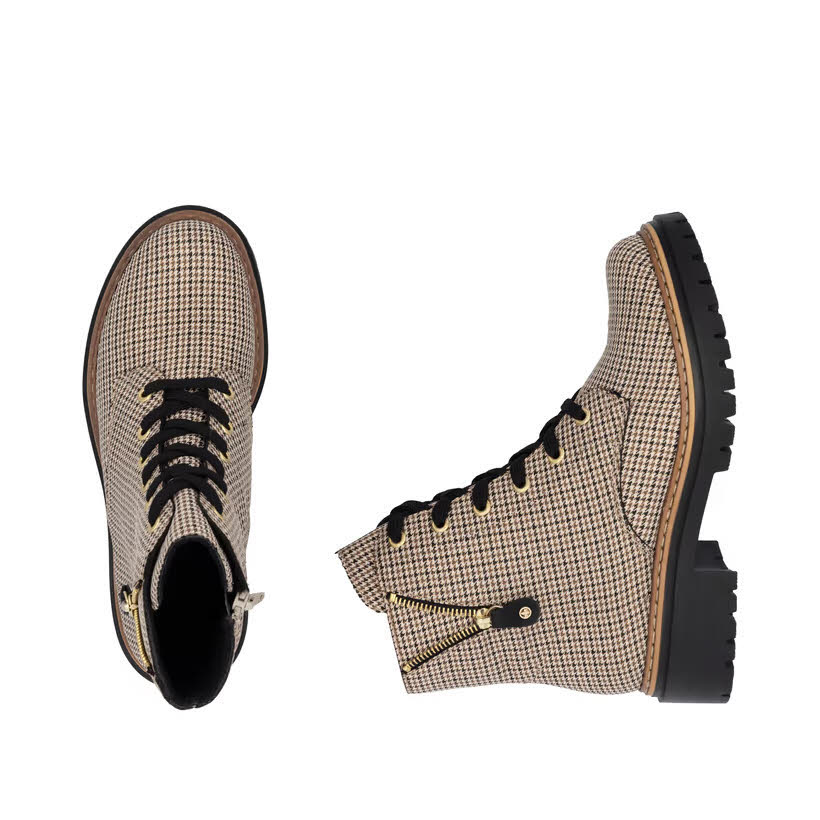 Rieker Biker Boots Damen Kurzstiefel Schnürstiefel beige-schwarz-beige