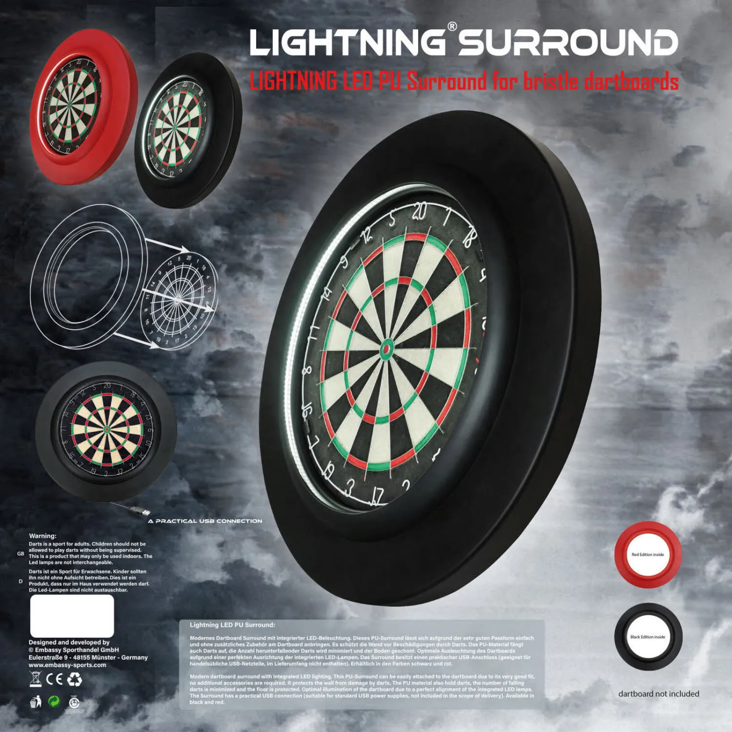 Embassy Sports Lightning LED PU Surround Dartboard Beleuchtung schwarz