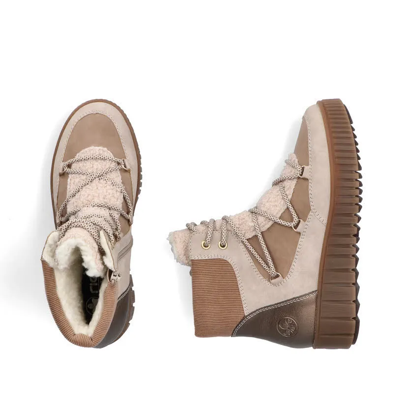 Rieker Damen Schnürstiefel Stiefelette gefüttert beige braun