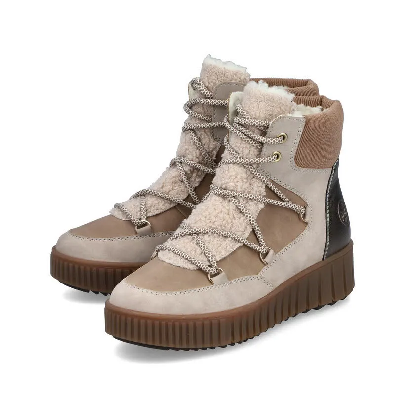Rieker Damen Schnürstiefel Stiefelette gefüttert beige braun