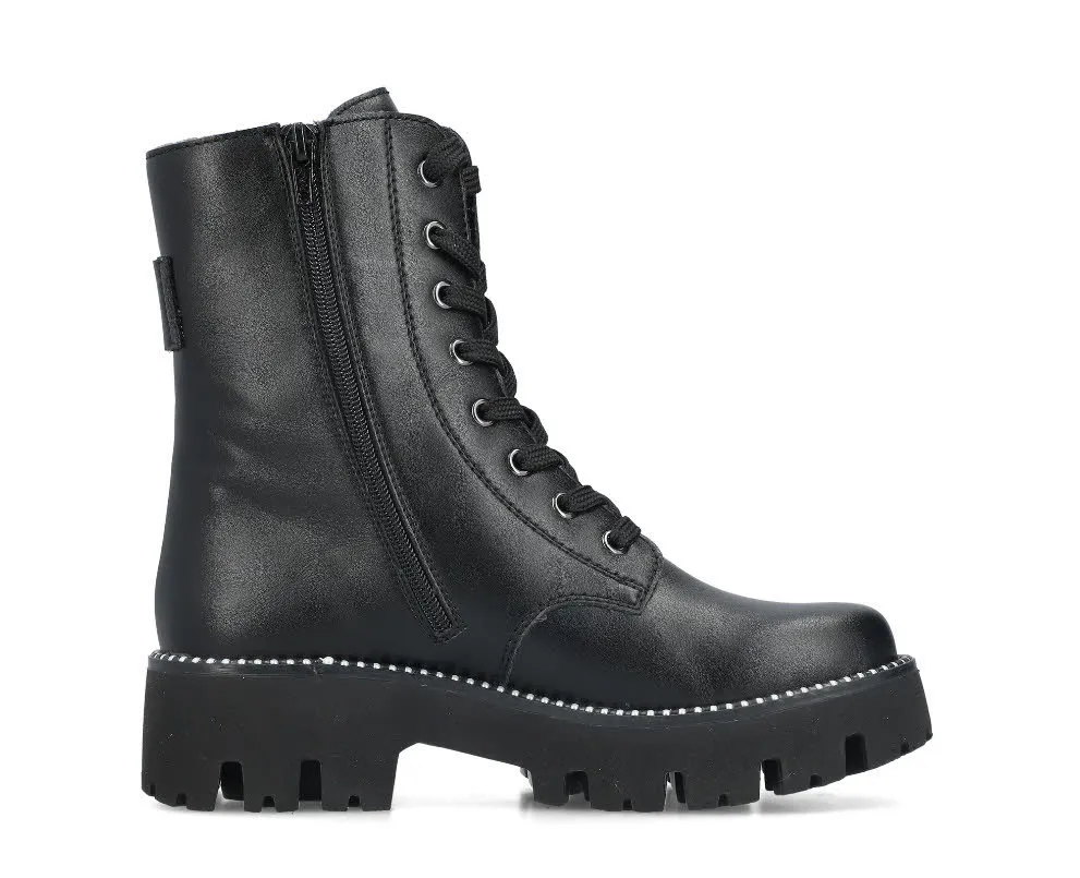 Rieker Damen Stiefel Slipper gefüttert Biker Boots Schnürstiefel mattschwarz