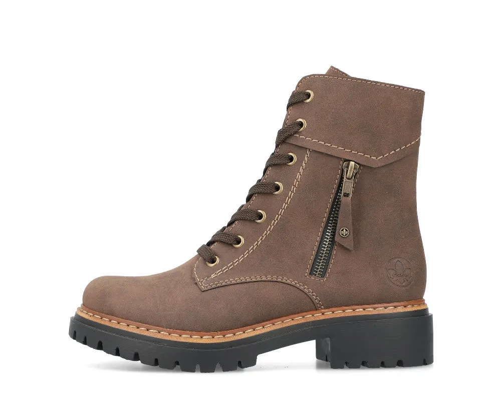 Rieker Damen Stiefelette Schnürer Biker Boots gefüttert holzbraun
