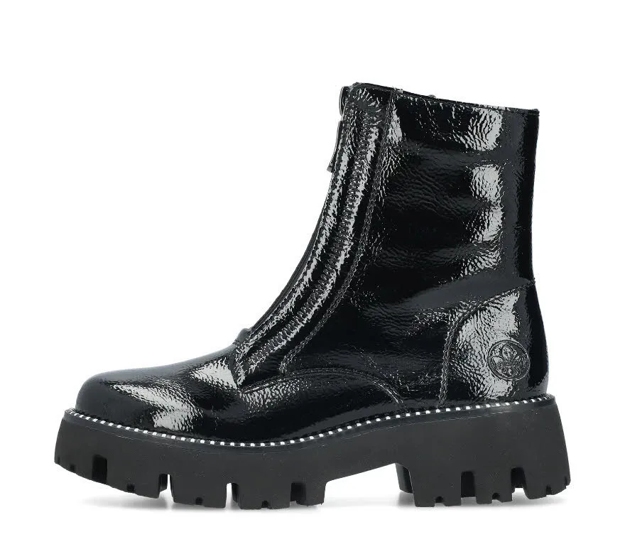 Rieker Damen Stiefelette Slipper gefüttert Biker Boots glanzschwarz