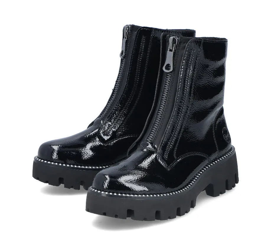 Rieker Damen Stiefelette Slipper gefüttert Biker Boots glanzschwarz